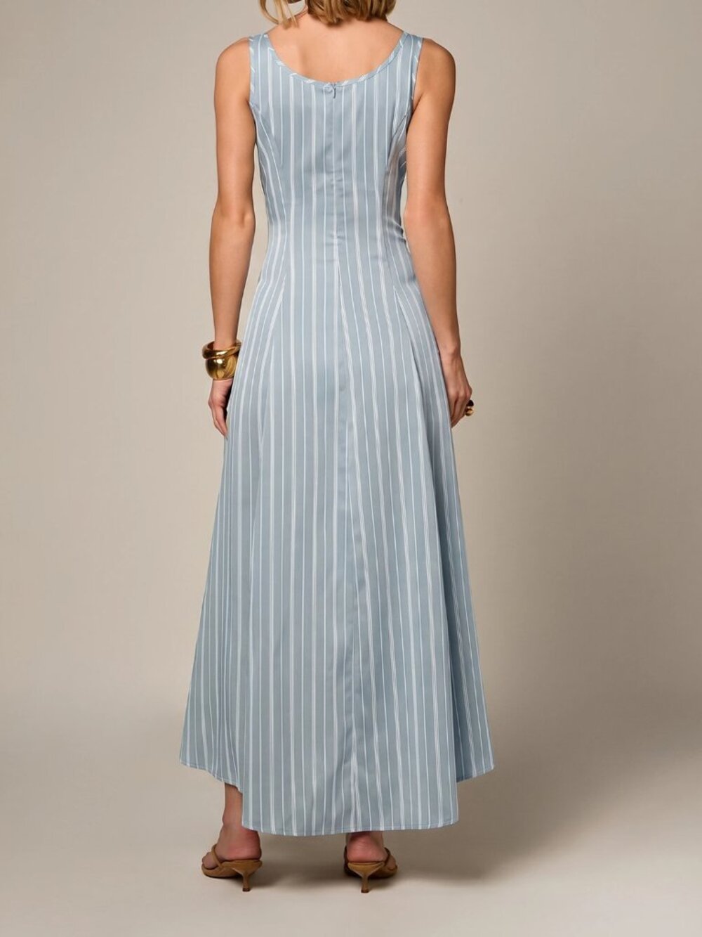 Blue Elegant Women's Pinstripe Corset Bodice High Low Hem Sleeveless Maxi Dress - Picture 2 of 5